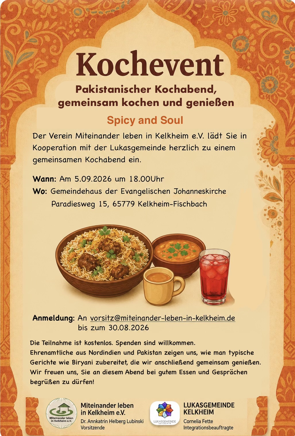 Pakistanischer Kochabend am 5.9.2026, 18 Uhr in Kelkheim-Fischbach,Paradiesweg 15